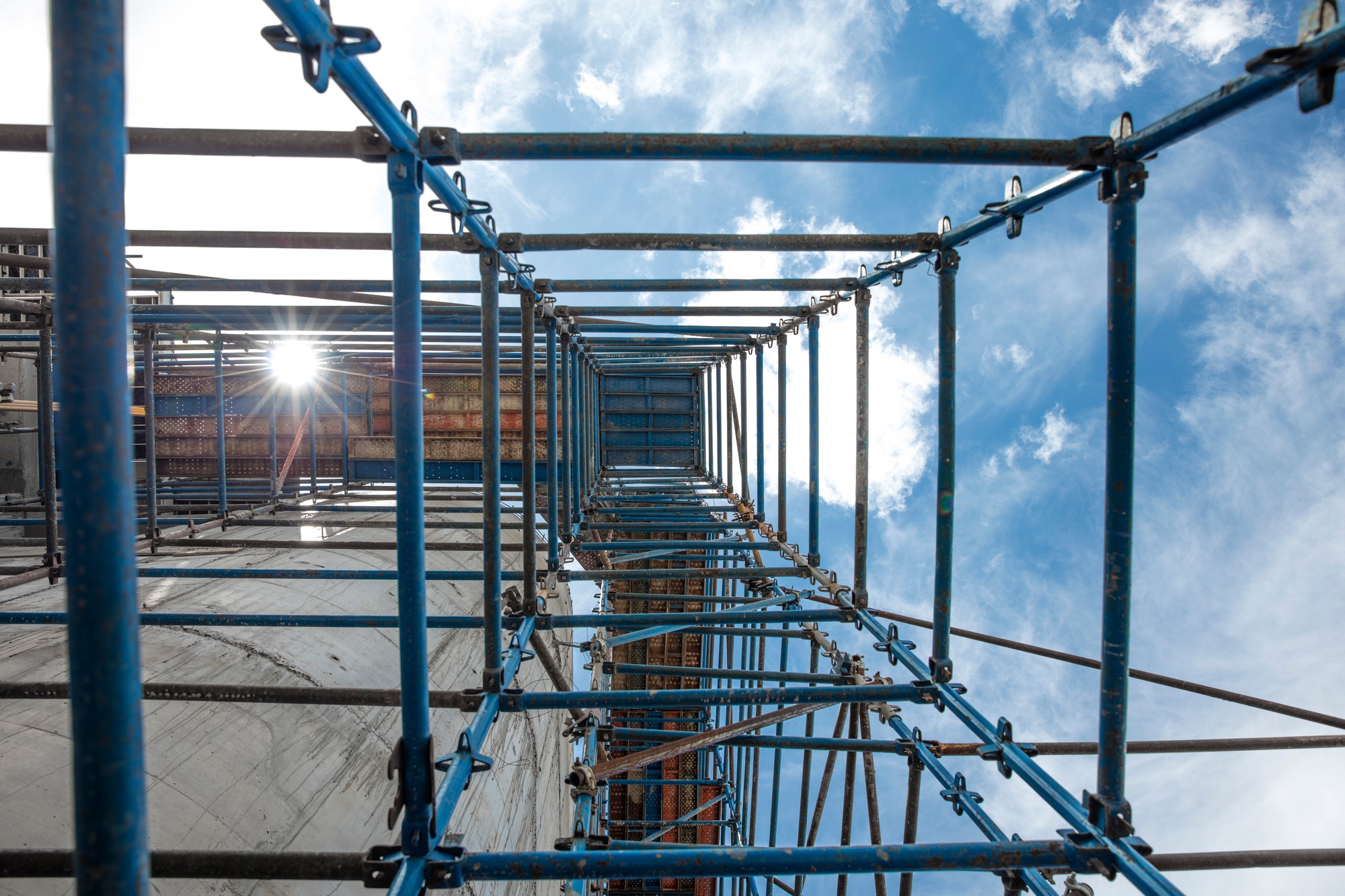 Scaffold on construction site, view from below
